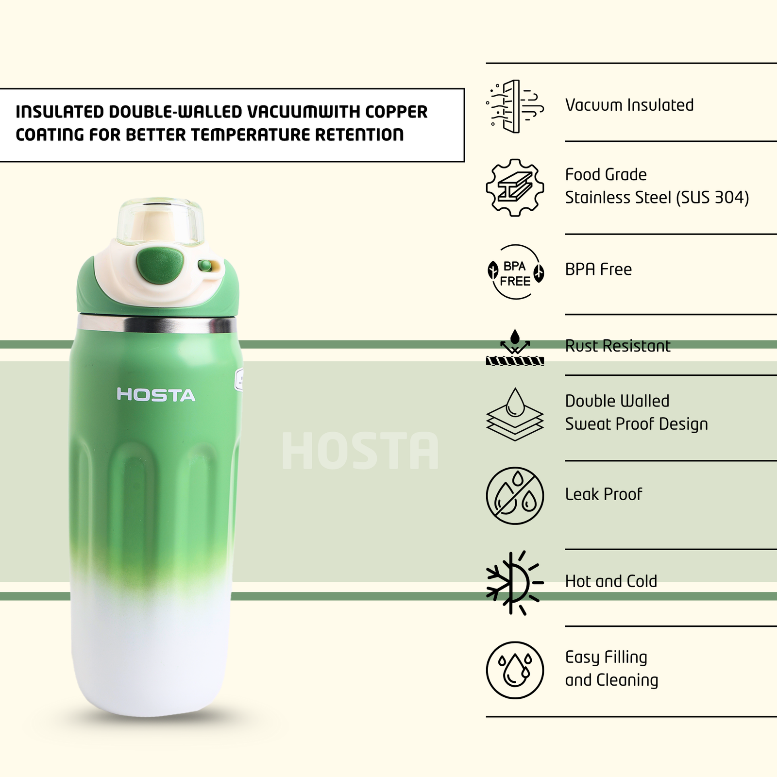 HOSTA Stainless Steel Vacuum Insulated Hot & Cold Water Bottle 500ml - Image 6